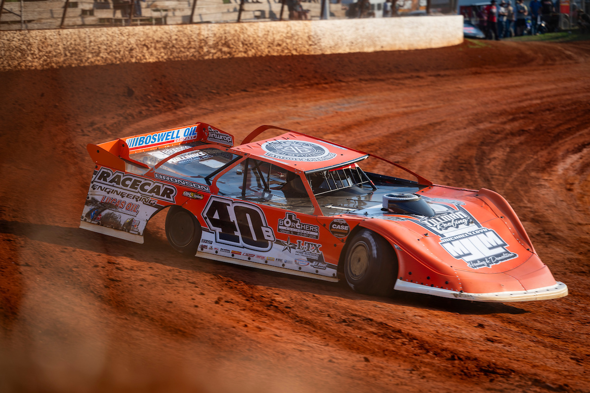 Kyle Bronson navigates Turn 3 in his dirt late model at Ponderosa 